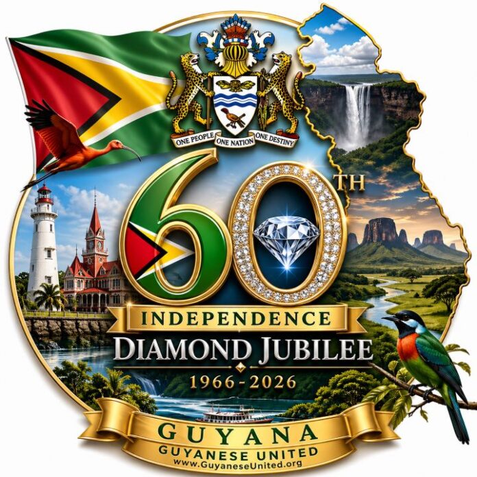 Diamond Jubilee emblem for Guyana’s 60th Independence anniversary, featuring the Golden Arrowhead flag, coat of arms, national landscapes, and the words ‘Independence Diamond Jubilee 1966–2026’ - by Guyanese United