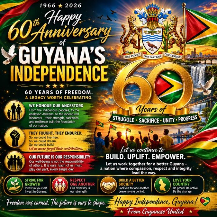 The Guyana Coat of Arms and Golden Arrowhead flag displayed alongside a 60th Independence Anniversary tribute celebrating Guyana's history, unity, and future.