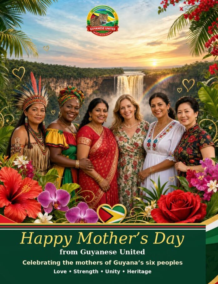 Mother’s Day greeting from Guyanese United featuring six women representing the ethnic peoples of Guyana, with Guyanese cultural colors, tropical flowers, and a Guyana waterfall landscape.